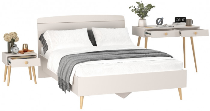 Афина Спальня Кровать 1400 + Стол + Тумба, цвет кашемир серый, ШхГхВ 144,6х210,2х95,7 + 100х45х76 + 45х37х45 см., 1400х2000 мм., б/м, осн. есть