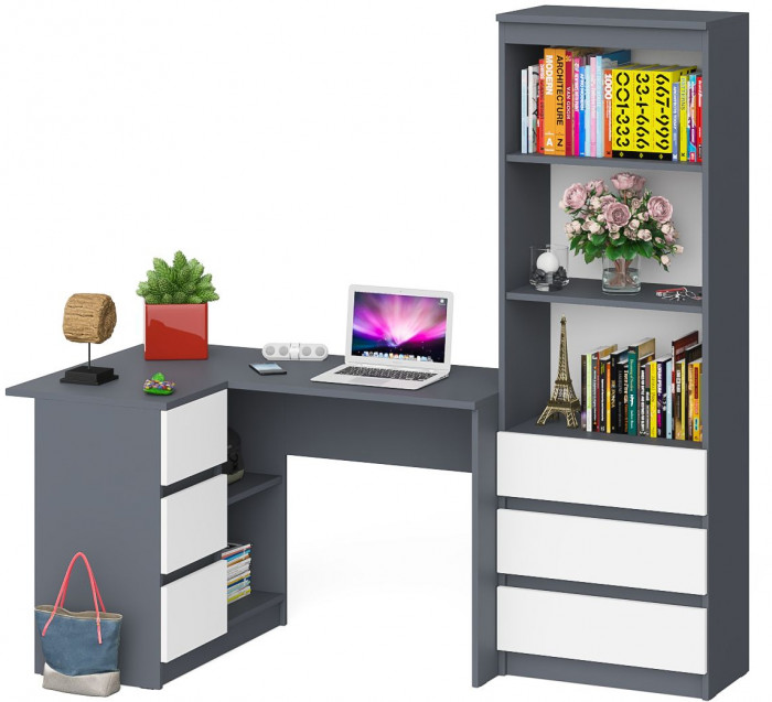 Мори Стол компьютерный МС-16 левый + Стеллаж МСТ600.3, цвет графит/белый, ШхГхВ 184,8х84,9х179,6 см., выдвижные ящики слева, НЕ универсальная сборка