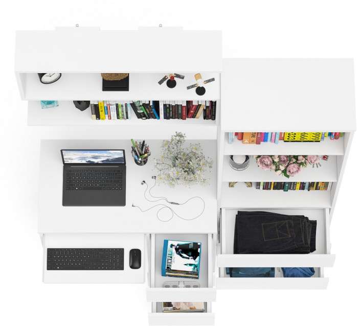 Мори компьютерный стол МС-6 правый + Стеллаж МСТ600.3 + Полка 900, белый