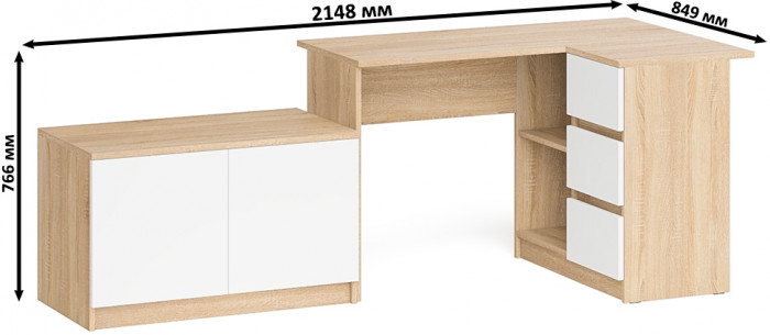 Мори Стол компьютерный МС-16 правый + Тумба МА900.1, цвет дуб сонома/белый, ШхГхВ 214,8х84,9х76,6 см., выдвижные ящики справа, НЕ универс. сборка