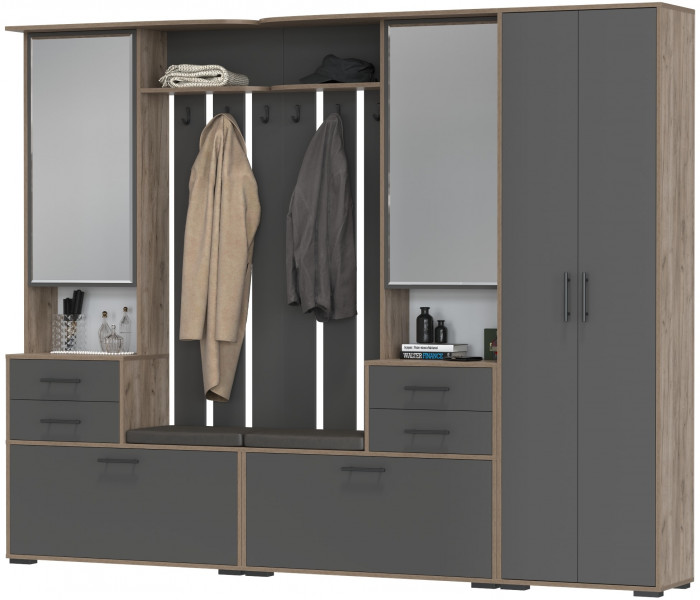 Прихожая Домино 3, цвет дуб крафт табачный/графит, ШхГхВ 260х36х202 см., универсальная сборка