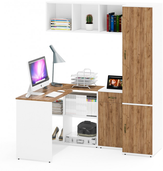 Лидер-8 Стол + Полка + Тумба МД 3.15 + Пенал МД 23Б, белый шагрень/крафт золото