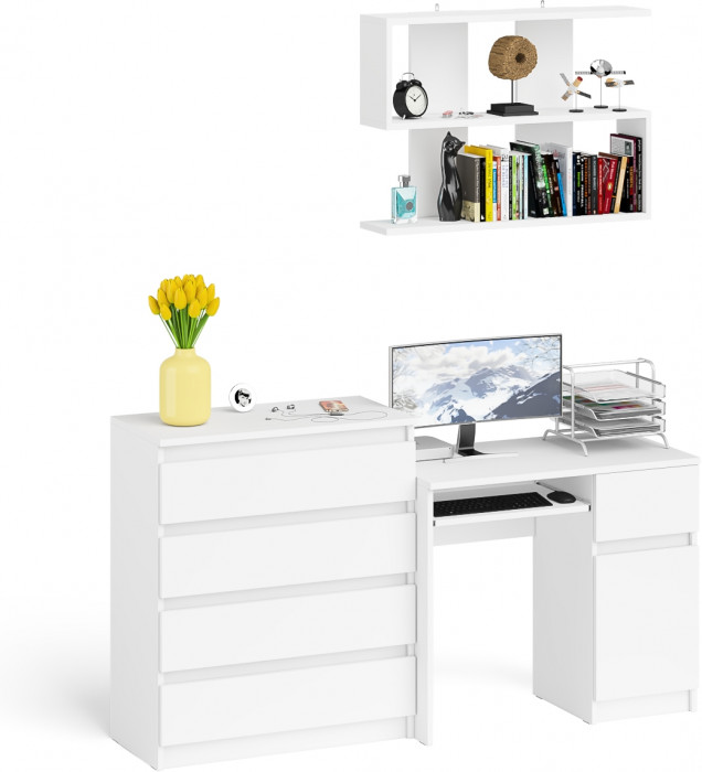 Мори Стол компьютерный МС-1 правый + Комод МК800.4 + Полка 900, цвет белый, ШхГхВ 170,4х50х209,6 см., НЕ универсальная сборка