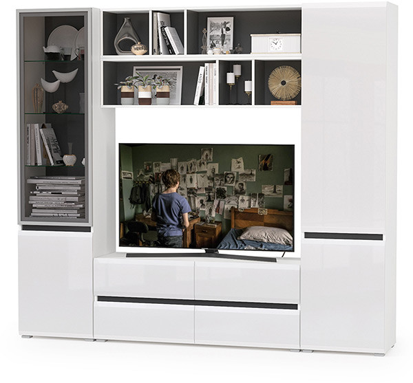 Сидней Комплектация № 039, корпус белый/чёрный/фасады МДФ белый глянец