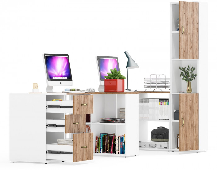 Лидер-8 Стол + Стол + Пенал + Тумба МД 3.16, белый шагрень/крафт золото