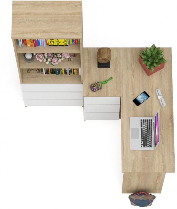 Мори Стол компьютерный МС-16 левый + Стеллаж МСТ600.3, цвет дуб сонома/белый, ШхГхВ 184,8х84,9х179,6 см., выдвижные ящики слев, НЕ универс. сборкаа