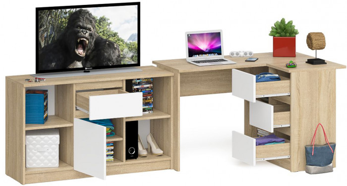 Мори Стол компьютерный МС-16 правый + Тумба МТВ1204.1, цвет дуб сонома/белый, ШхГхВ 244,8х84,9х76,6 см., выдвижные ящики справа, НЕ универс. сборка