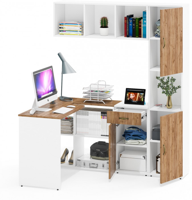 Лидер-8 Стол + Полка + Тумба МД 3.15 + Пенал, белый шагрень/крафт золото