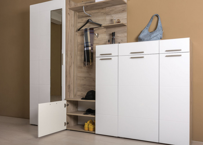 Лайн Прихожая № 11, цвет дуб крафт серый/фасады МДФ белый глянец, ШхГхВ 256,8х35,1х210 см., НЕ универсальная сборка