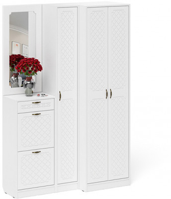 Прихожая П-6 Компоновка № 29, белая шагрень/фасады МДФ белое дерево фрезеровка ромб