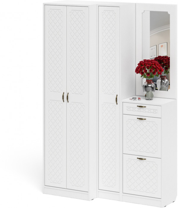 Прихожая П-6 Компоновка № 29, белая шагрень/фасады МДФ белое дерево фрезеровка ромб