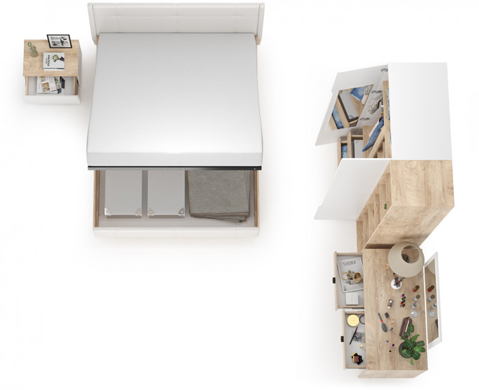 Муссон Спальня № 06, цвет белый/дуб эндгрейн элегантный/искусственная кожа белая, подъёмный ортопед, сп. м. 1600х2000 мм., б/м