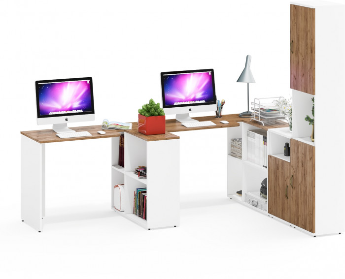 Лидер-8 Стол + Стол + Пенал + Тумба МД 3.19, белый шагрень/крафт золото