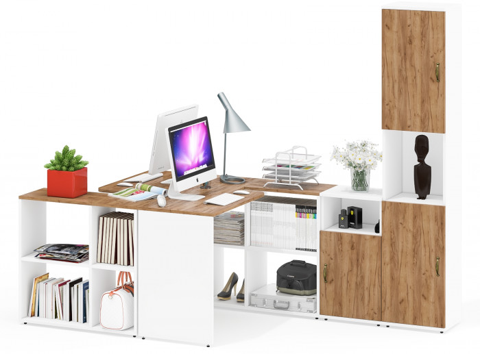 Лидер-8 Стол + Стол + Пенал + Тумба МД 3.19, белый шагрень/крафт золото