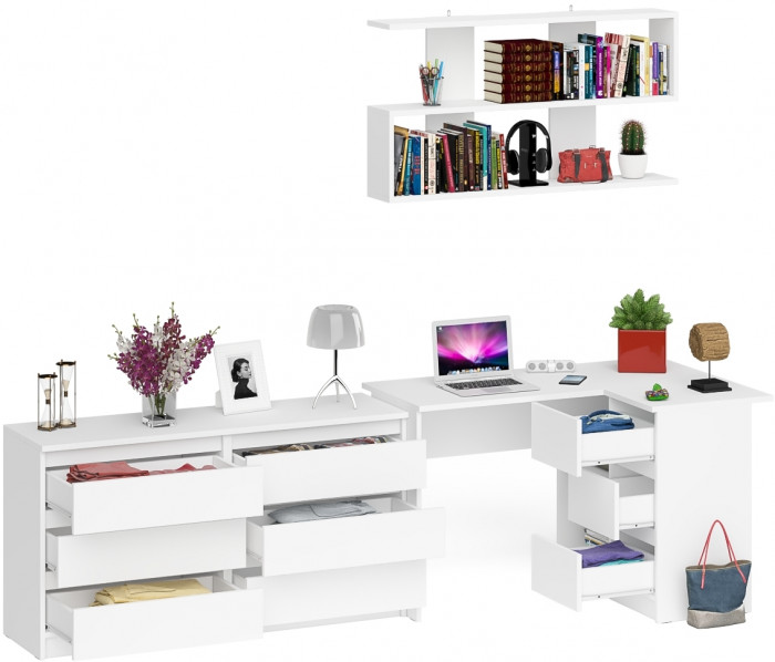 Мори компьютерный стол МС-16 правый + Комод МК1380.6 + Полка 1200, белый