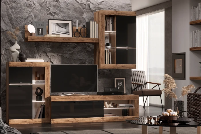 Прага Модульная Гостиная, вариант №1, Дуб Делано/Черный глянец