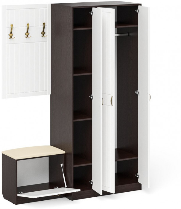 Прихожая П-6 Компоновка № 47, цвет венге/фасады МДФ белое дерево фрезеровка прованс, ШхГхВ 150х50х210 см., универсальная сборка