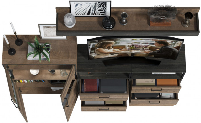 Трувор Гостиная 009, цвет дуб гранж песочный/интра, ШхГхВ 217,8х37х195 см., универсальная сборка, есть светодиодная подсветка