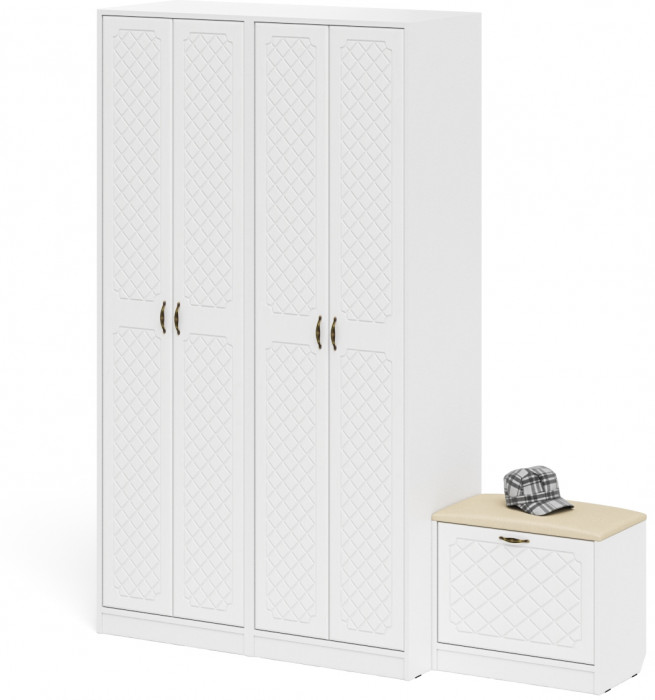 Прихожая П-6 Компоновка № 07, белая шагрень/фасады МДФ белое дерево фрезеровка ромб