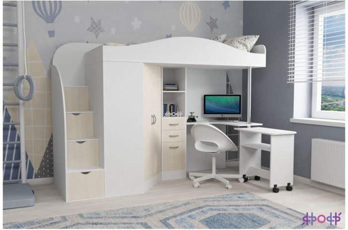 Кровать-чердак Юниор 4 (Ясень Анкор Темный/Белое дерево)