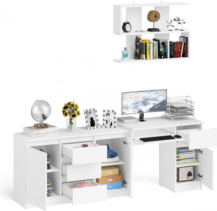Мори Стол компьютерный МС-1 правый + Комод МК1200.3 + Полка 900, цвет белый, ШхГхВ 210,4х50х209,6 см., НЕ универсальная сборка
