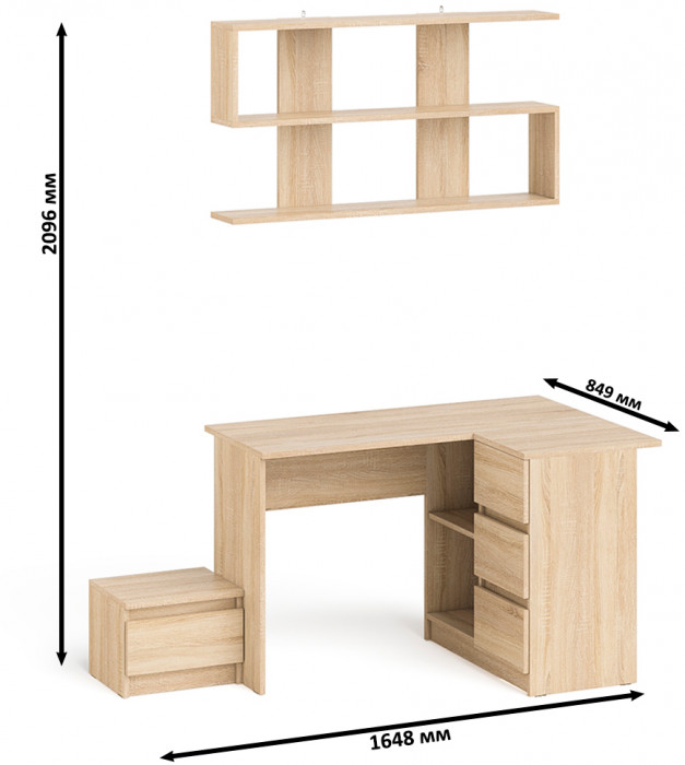 Мори Стол компьютерный МС-16 правый + Тумба ТМП400.1 + Полка 1200, цвет дуб сонома, ШхГхВ 164,8х84,9х209,6 см., НЕ универсальная сборка