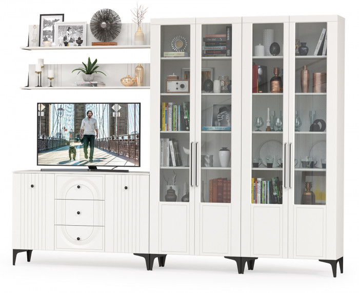 Валенсия Гостиная № 113, цвет ЛДСП белый шагрень/МДФ белый шагрень, ШхГхВ 301,4х38,4х225,2 см., универсальная сборка