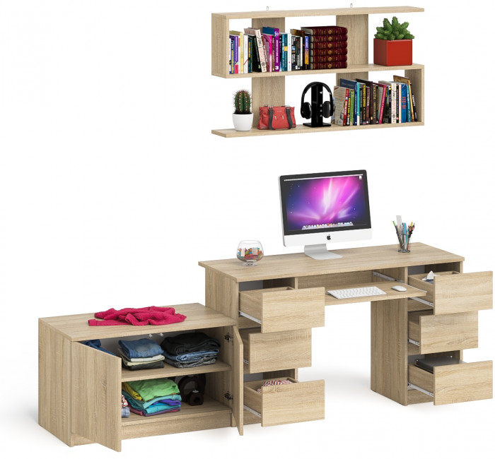 Мори компьютерный стол МС-2 + Тумба МА900.1 + Полка 1200, дуб сонома