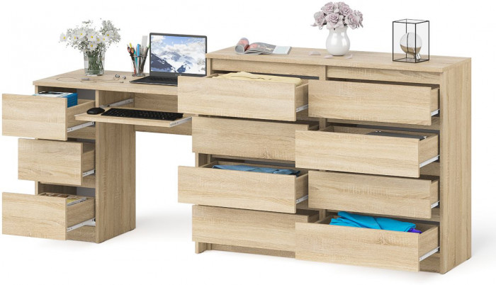 Мори компьютерный стол МС-6 левый + Комод МК1200.8, дуб сонома