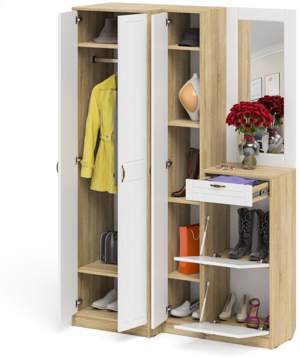 Прихожая П-6 Компоновка № 29, дуб сонома/фасады МДФ белое дерево фрезеровка прованс