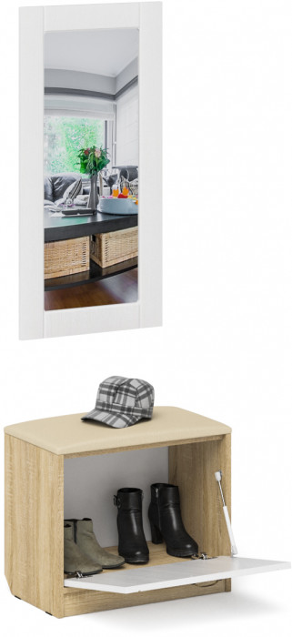 Прихожая П-6 Тумба + Зеркало, дуб сонома/фасады МДФ белое дерево фрезеровка прованс