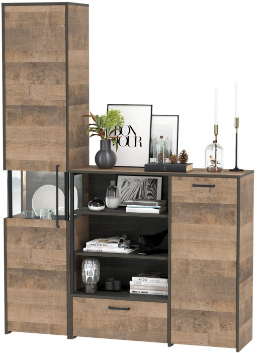 Трувор 13.205 Шкаф-пенал с витриной + 13.307.01 Комод, дуб гранж песочный/интра