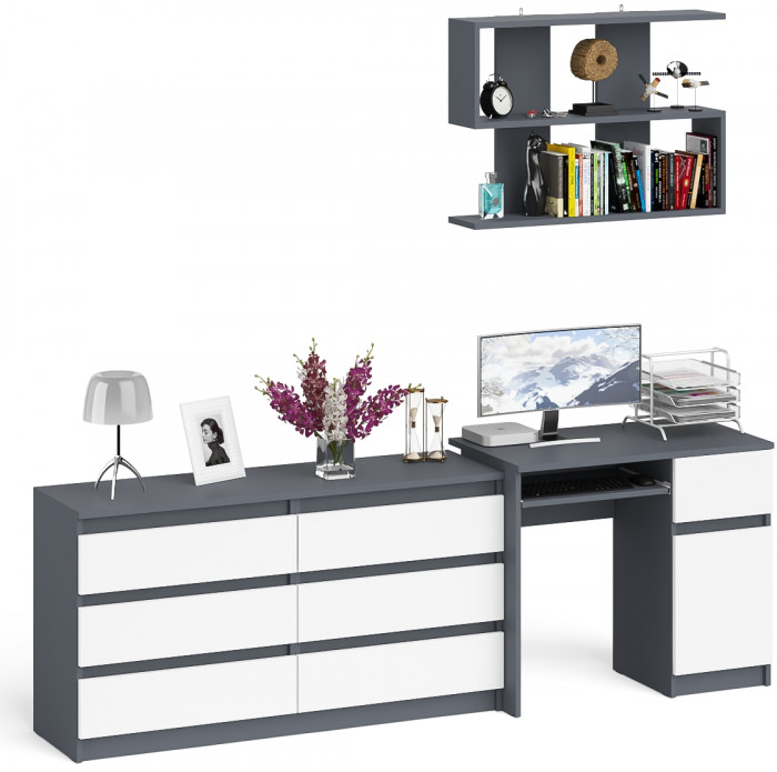 Мори компьютерный стол МС-1 правый + Комод МК1380.6 + Полка 900, графит/белый