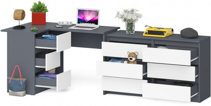 Мори компьютерный стол МС-16 левый + Комод МК1200.6, графит/белый