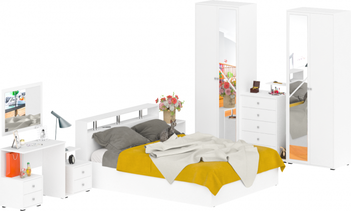 Камелия спальня № 3 Кровать 1600 + Две тумбы + Стол косметич. + Зеркало + Комод + Шкаф 4-х, цвет белый, сп.м. 1600х2000 мм., б/м, осн. есть