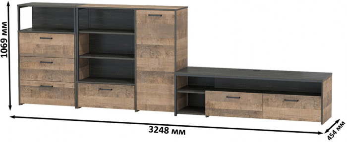 Трувор Гостиная 011, цвет дуб гранж песочный/интра, ШхГхВ 324,8х45,4х106,9 см., универсальная сборка
