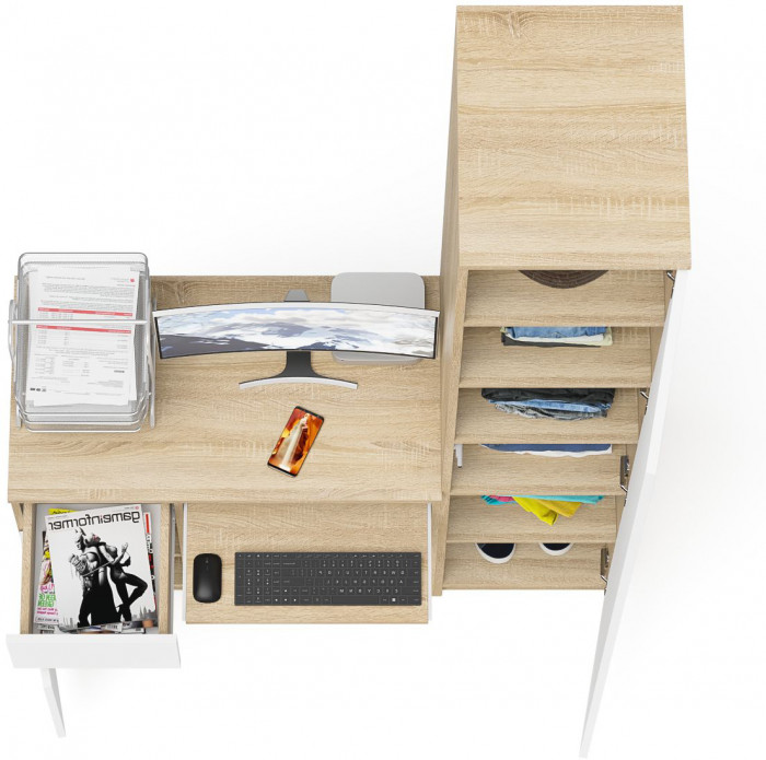Мори Стол компьютерный МС-1 левый + Пенал МШ400.1, цвет дуб сонома/белый, ШхГхВ 130,4х50,4х209,6 см., выдвижной ящик слева, НЕ универсальная сборка