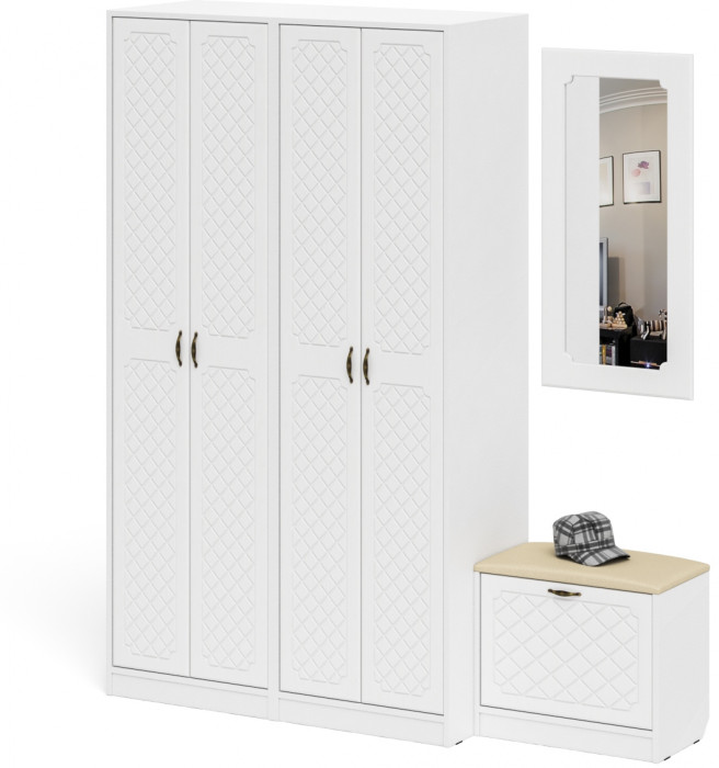 Прихожая П-6 Компоновка № 08, белая шагрень/фасады МДФ белое дерево фрезеровка ромб