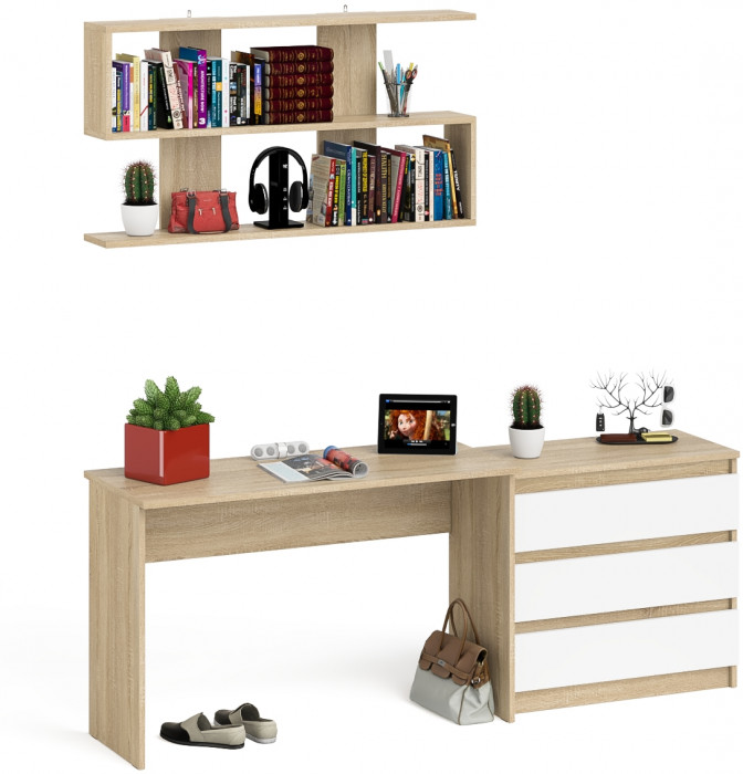Мори Стол письменный МСП1200.1 + Комод МК800.1 + Полка 1200, цвет дуб сонома/белый, ШхГхВ 200,8х50х209,6 см., универсальная сборка