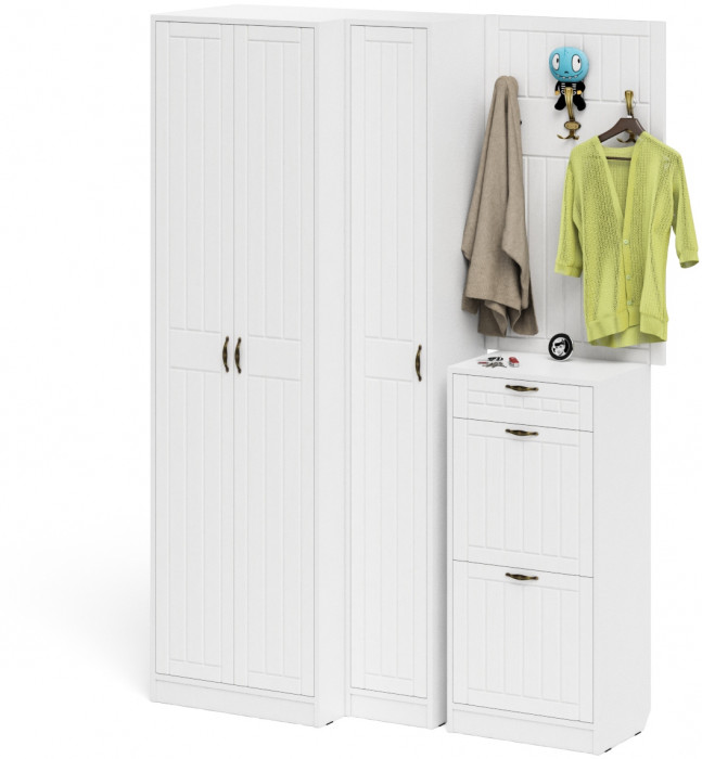 Прихожая П-6 Компоновка № 30, цвет белая шагрень/фасады МДФ белое дерево фрезеровка прованс, ШхГхВ 150х50х210 см., универсальная сборка