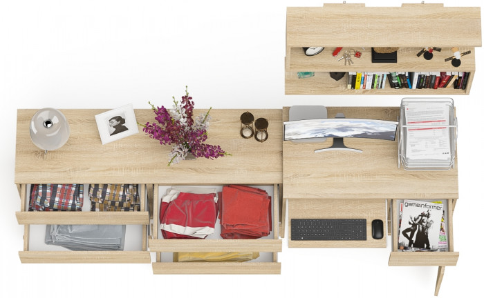 Мори компьютерный стол МС-1 правый + Комод МК1380.6 + Полка 900, дуб сонома