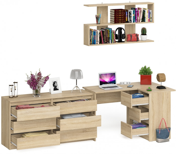 Мори компьютерный стол МС-16 правый + Комод МК1380.6 + Полка 1200, дуб сонома