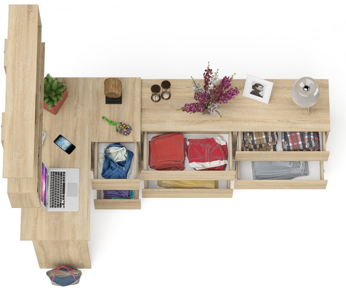 Мори компьютерный стол МС-16 правый + Комод МК1380.6 + Полка 1200, дуб сонома