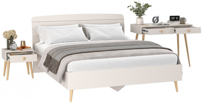 Афина Спальня Кровать 1600 + Стол + Тумба, цвет кашемир серый, ШхГхВ 164,6х210,2х95,6 + 100х45х76 + 45х37х45 см., 1600х2000 мм., б/м, осн. есть