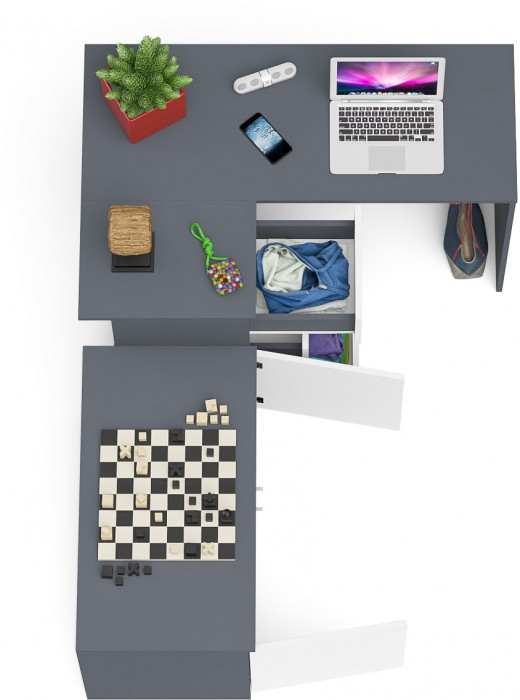 Мори Стол компьютерный МС-16 левый + Тумба МА900.1, цвет графит/белый, ШхГхВ 214,8х84,9х76,6 см., выдвижные ящики слева, НЕ универсальная сборка