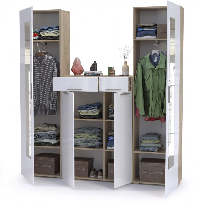 Лайн Прихожая № 15, цвет дуб крафт серый/фасады МДФ белый глянец, ШхГхВ 200х35х210 см., универсальная сборка