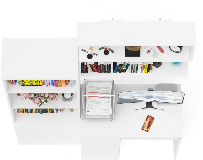 Мори Стол компьютерный МС-1 левый + Стеллаж МСТ600.3 + Полка 900, цвет белый, ШхГхВ 150,4х50х209,6 см., НЕ универсальная сборка