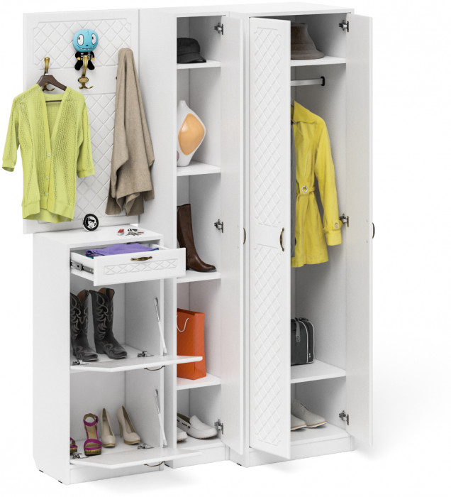 Прихожая П-6 Компоновка № 30, цвет белая шагрень/фасады МДФ белое дерево фрезеровка ромб, ШхГхВ 150х50х210 см., универсальная сборка