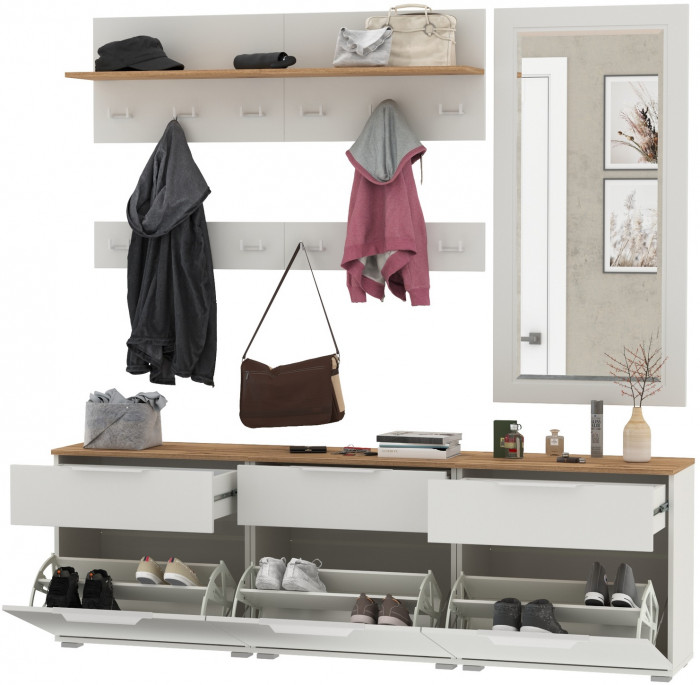 Октава Прихожая 41, белый шагрень/дуб крафт золотой/фасады МДФ белый шагрень