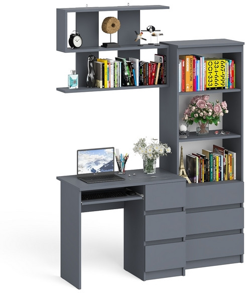 Мори Стол компьютерный МС-6 правый + Стеллаж МСТ600.3 + Полка 900, цвет графит, ШхГхВ 150,4х50х209,6 см., НЕ универсальная сборка